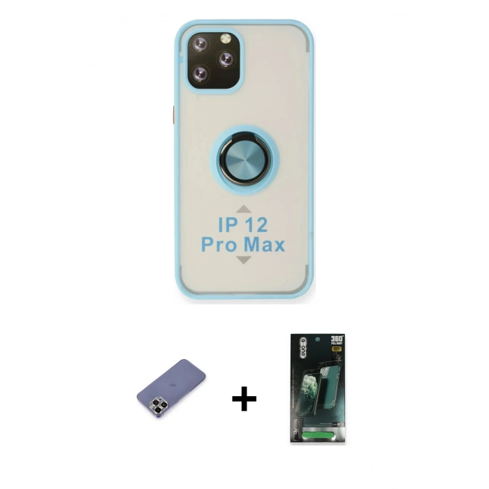 MARSİLYAN™- iPhone 12 Pro Max Kılıf Yörünge Çizgi - Siyah 360 Mat Full Body Arka Koruyucu + Metal Kamera Lens Koruma Cam - GD