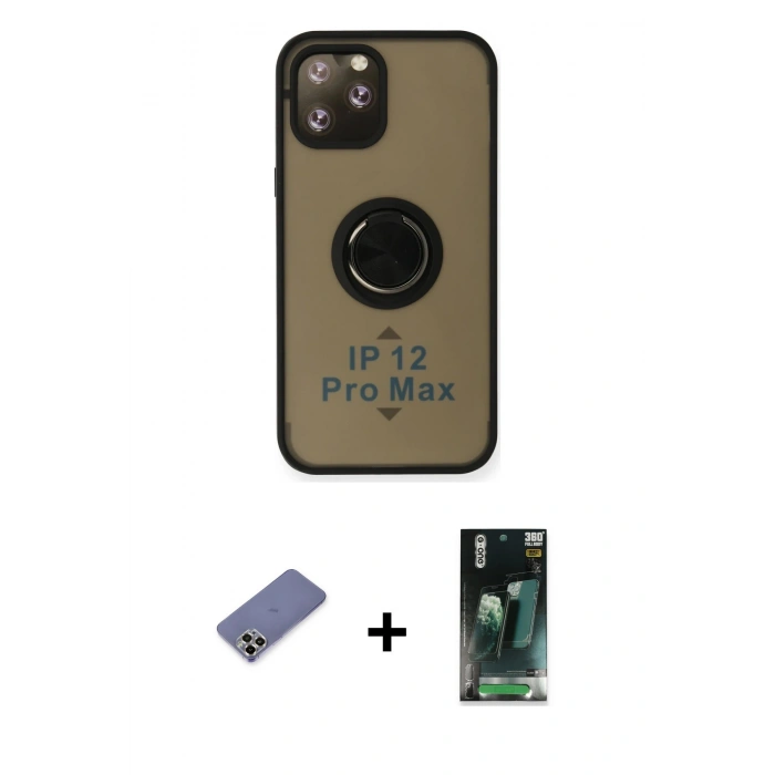 MARSİLYAN™- iPhone 12 Pro Max Kılıf Yörünge Çizgi - Siyah 360 Mat Full Body Arka Koruyucu + Metal Kamera Lens Koruma Cam - GD