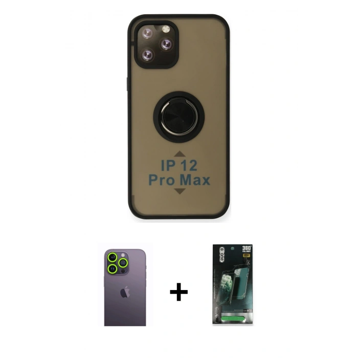MARSİLYAN™- iPhone 12 Pro Max Kılıf Yörünge Çizgi - Siyah 360 Mat Full Body Arka Koruyucu + Neon Fosforlu Kamera Lens - YL