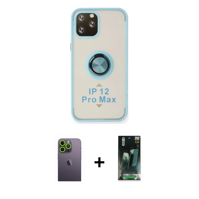 MARSİLYAN™- iPhone 12 Pro Max Kılıf Yörünge Çizgi - Siyah 360 Mat Full Body Arka Koruyucu + Neon Fosforlu Kamera Lens - YL