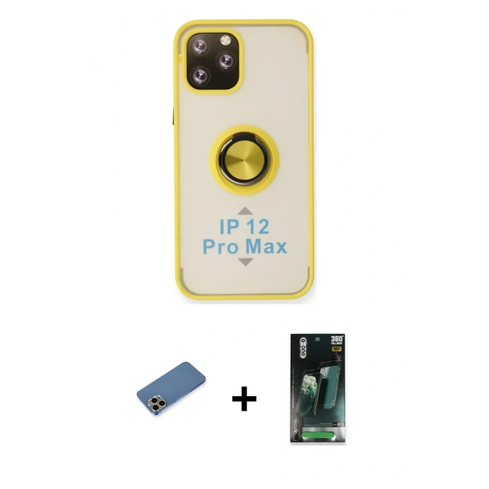 MARSİLYAN™- iPhone 12 Pro Max Kılıf Yörünge Çizgi - Siyah 360 Mat Full Body Arka Koruyucu + Shine Kamera Lens Koruma Cam - GD