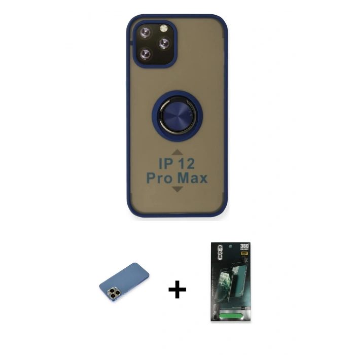 MARSİLYAN™- iPhone 12 Pro Max Kılıf Yörünge Çizgi - Siyah 360 Mat Full Body Arka Koruyucu + Shine Kamera Lens Koruma Cam - GD