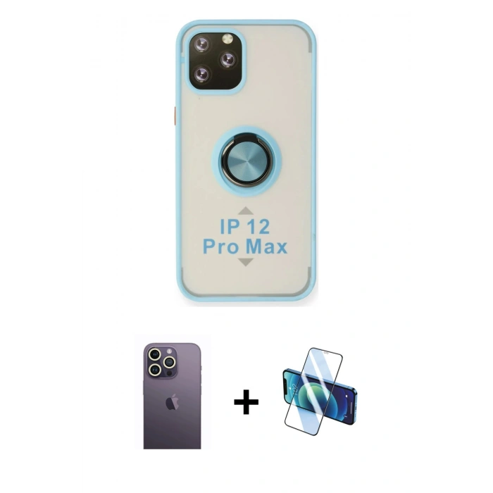 MARSİLYAN™- iPhone 12 Pro Max Kılıf Yörünge Çizgi - Siyah 3D Antistatik Cam Ekran Koruyucu + Neon Fosforlu Kamera Lens - BZ