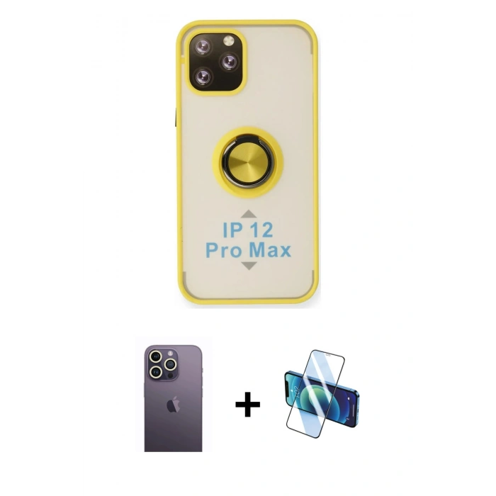 MARSİLYAN™- iPhone 12 Pro Max Kılıf Yörünge Çizgi - Siyah 3D Antistatik Cam Ekran Koruyucu + Neon Fosforlu Kamera Lens - BZ