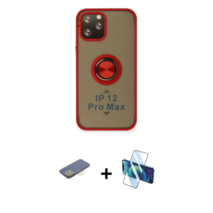 MARSİLYAN™- iPhone 12 Pro Max Kılıf Yörünge Çizgi - Siyah 3D Antistatik Cam Ekran Koruyucu + Renkli Kamera Lens Koruma Cam - SI