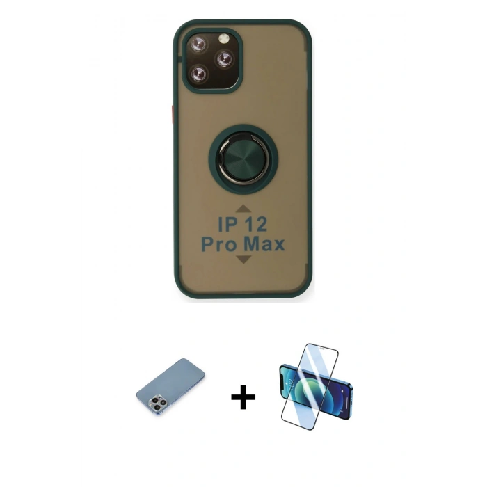MARSİLYAN™- iPhone 12 Pro Max Kılıf Yörünge Çizgi - Siyah 3D Antistatik Cam Ekran Koruyucu + Shine Kamera Lens Koruma Cam - GI