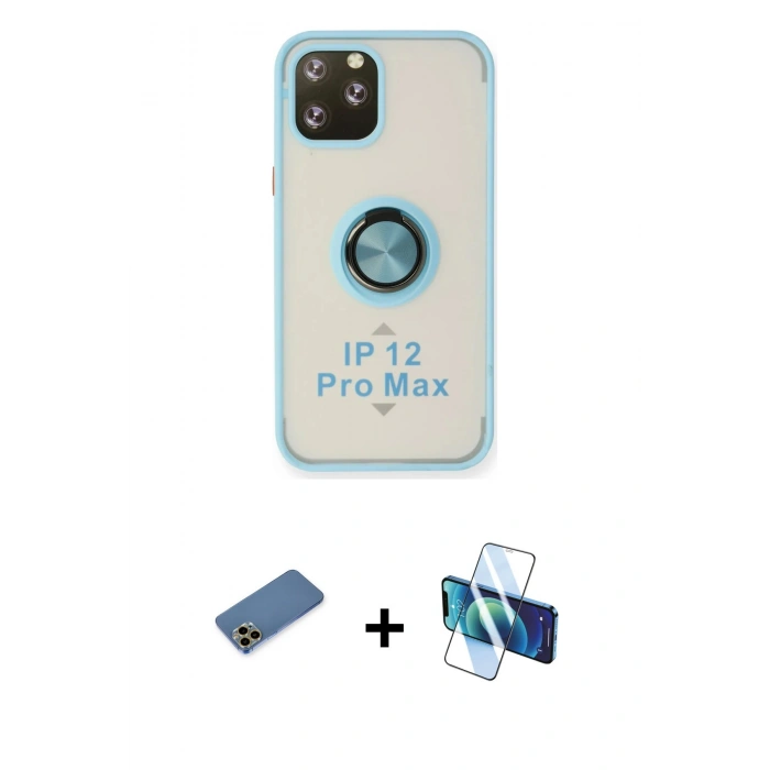 MARSİLYAN™- iPhone 12 Pro Max Kılıf Yörünge Çizgi - Siyah 3D Antistatik Cam Ekran Koruyucu + Shine Kamera Lens Koruma Cam - GD