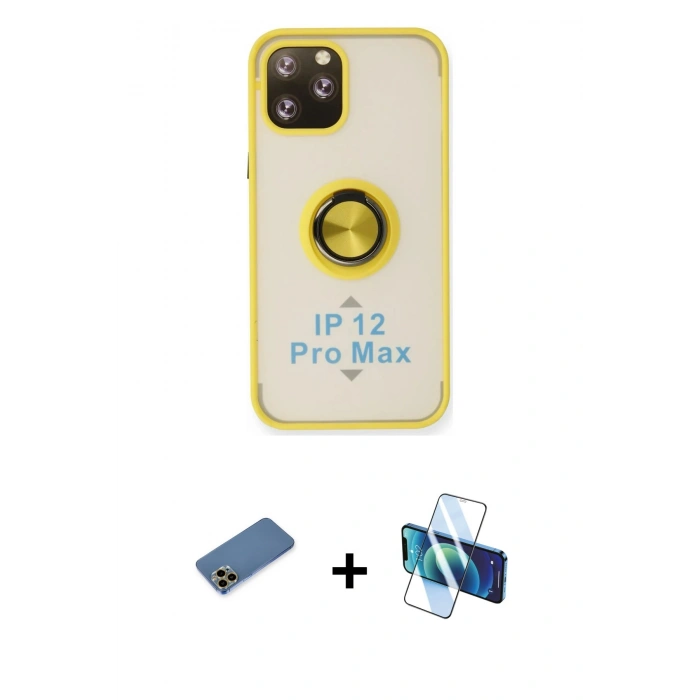 MARSİLYAN™- iPhone 12 Pro Max Kılıf Yörünge Çizgi - Siyah 3D Antistatik Cam Ekran Koruyucu + Shine Kamera Lens Koruma Cam - GD