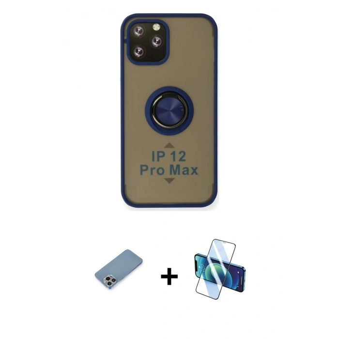 MARSİLYAN™- iPhone 12 Pro Max Kılıf Yörünge Çizgi - Siyah 3D Antistatik Cam Ekran Koruyucu + Shine Kamera Lens Koruma Cam - GI