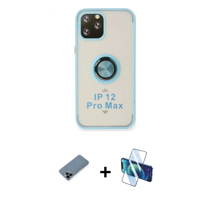 MARSİLYAN™- iPhone 12 Pro Max Kılıf Yörünge Çizgi - Siyah 3D Antistatik Cam Ekran Koruyucu + Shine Kamera Lens Koruma Cam - SH