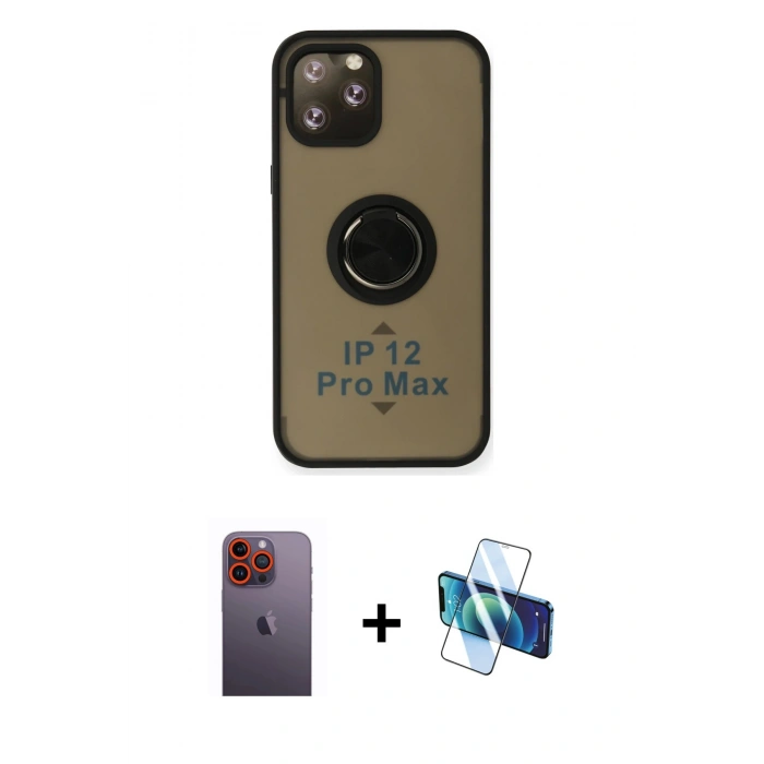 MARSİLYAN™- iPhone 12 Pro Max Kılıf Yörünge Çizgi - Siyah 3D Antistatik Cam Ekran Koruyucu + Neon Fosforlu Kamera Lens - TU