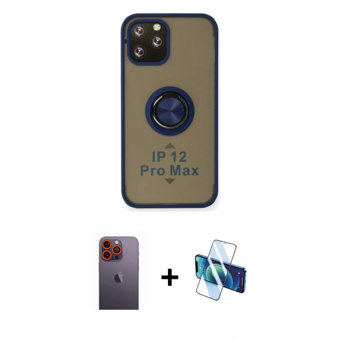 MARSİLYAN™- iPhone 12 Pro Max Kılıf Yörünge Çizgi - Siyah 3D Antistatik Cam Ekran Koruyucu + Neon Fosforlu Kamera Lens - TU