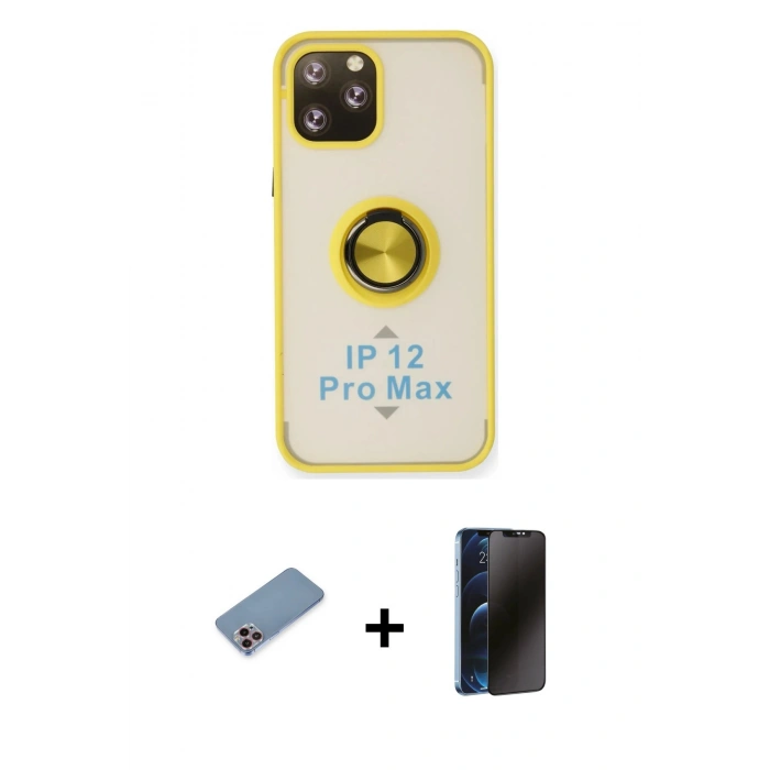 MARSİLYAN™- iPhone 12 Pro Max Kılıf Yörünge Çizgi - Siyah 3D Antistatik Hayalet Cam Ekran Koruyucu + Shine Kamera Lens Koruma Cam - PE
