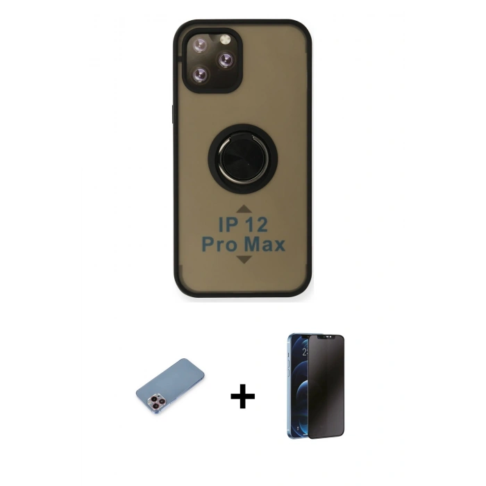 MARSİLYAN™- iPhone 12 Pro Max Kılıf Yörünge Çizgi - Siyah 3D Antistatik Hayalet Cam Ekran Koruyucu + Shine Kamera Lens Koruma Cam - PE