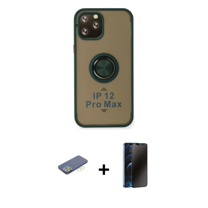 MARSİLYAN™- iPhone 12 Pro Max Kılıf Yörünge Çizgi - Siyah 3D Antistatik Hayalet Cam Ekran Koruyucu + Renkli Kamera Lens Koruma Cam - YL