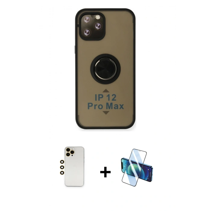 MARSİLYAN™- iPhone 12 Pro Max Kılıf Yörünge Çizgi - Siyah 3D Antistatik Seramik Nano Ekran Koruyucu + Shine Kamera Lens - GD