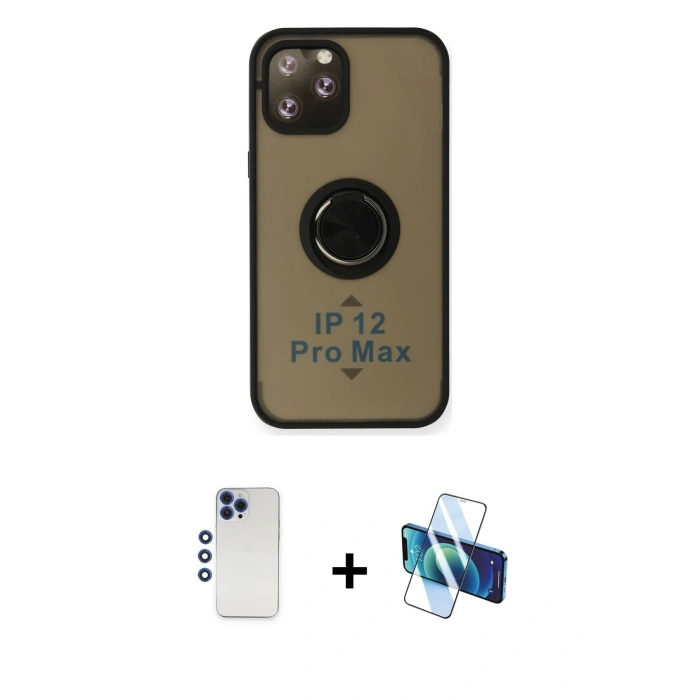 MARSİLYAN™- iPhone 12 Pro Max Kılıf Yörünge Çizgi - Siyah 3D Antistatik Seramik Nano Ekran Koruyucu + Shine Kamera Lens - LT