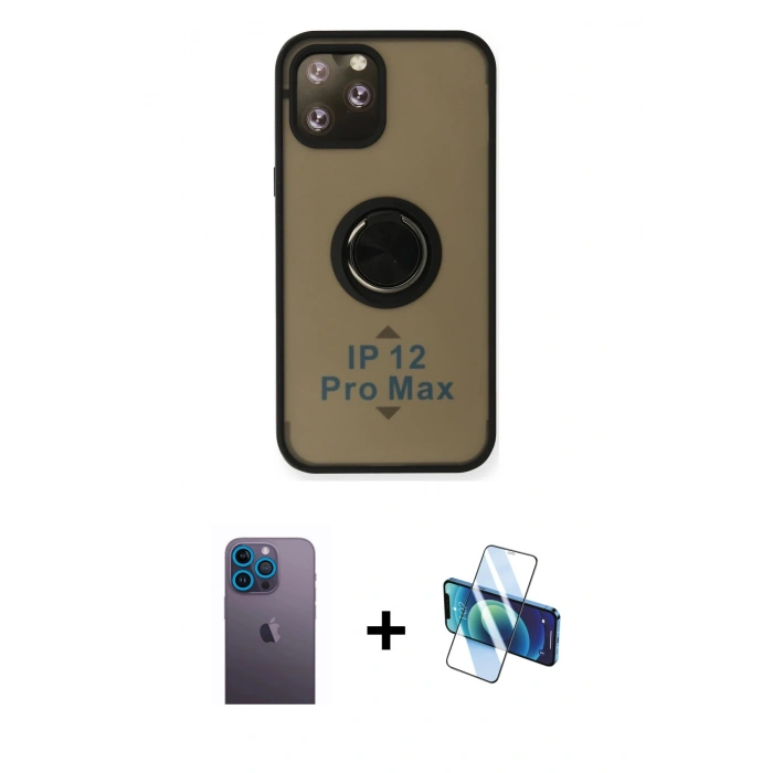 MARSİLYAN™- iPhone 12 Pro Max Kılıf Yörünge Çizgi - Siyah 3D Antistatik Seramik Nano Ekran Koruyucu + Neon Fosforlu Kamera Lens - MI