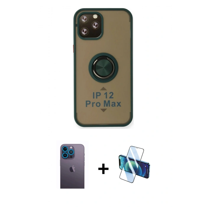 MARSİLYAN™- iPhone 12 Pro Max Kılıf Yörünge Çizgi - Siyah 3D Antistatik Seramik Nano Ekran Koruyucu + Neon Fosforlu Kamera Lens - MI