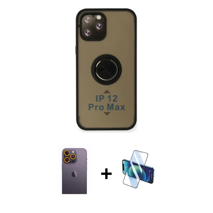 MARSİLYAN™- iPhone 12 Pro Max Kılıf Yörünge Çizgi - Siyah 3D Antistatik Seramik Nano Ekran Koruyucu + Neon Fosforlu Kamera Lens - SI