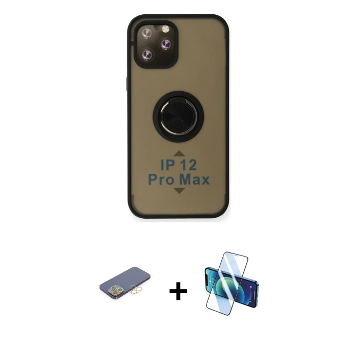 MARSİLYAN™- iPhone 12 Pro Max Kılıf Yörünge Çizgi - Siyah 3D Antistatik Seramik Nano Ekran Koruyucu + Renkli Kamera Lens Koruma Cam - SI