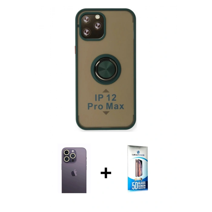 MARSİLYAN™- iPhone 12 Pro Max Kılıf Yörünge Çizgi - Siyah 5D Eko Cam Ekran Koruyucu + Neon Fosforlu Kamera Lens - BZ