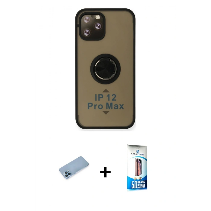 MARSİLYAN™- iPhone 12 Pro Max Kılıf Yörünge Çizgi - Siyah 5D Eko Cam Ekran Koruyucu + Shine Kamera Lens Koruma Cam - MI
