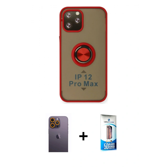 MARSİLYAN™- iPhone 12 Pro Max Kılıf Yörünge Çizgi - Siyah 5D Eko Cam Ekran Koruyucu + Neon Fosforlu Kamera Lens - SI