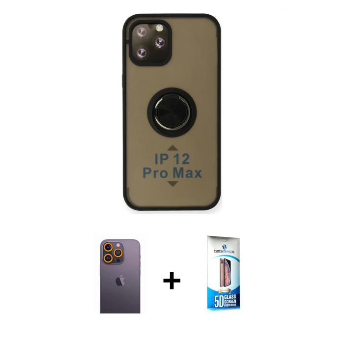 MARSİLYAN™- iPhone 12 Pro Max Kılıf Yörünge Çizgi - Siyah 5D Eko Cam Ekran Koruyucu + Neon Fosforlu Kamera Lens - SI