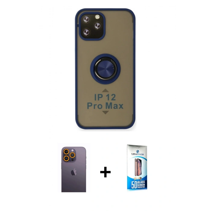 MARSİLYAN™- iPhone 12 Pro Max Kılıf Yörünge Çizgi - Siyah 5D Eko Cam Ekran Koruyucu + Neon Fosforlu Kamera Lens - SI