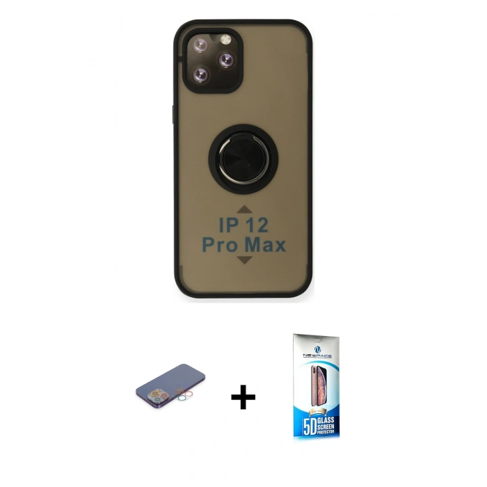 MARSİLYAN™- iPhone 12 Pro Max Kılıf Yörünge Çizgi - Siyah 5D Eko Cam Ekran Koruyucu + Renkli Kamera Lens Koruma Cam - PE