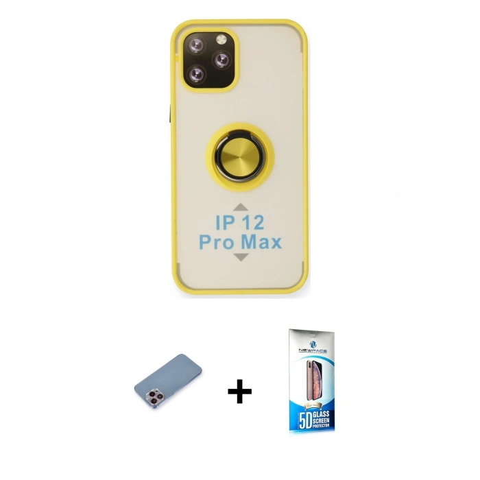MARSİLYAN™- iPhone 12 Pro Max Kılıf Yörünge Çizgi - Siyah 5D Eko Cam Ekran Koruyucu + Shine Kamera Lens Koruma Cam - PE