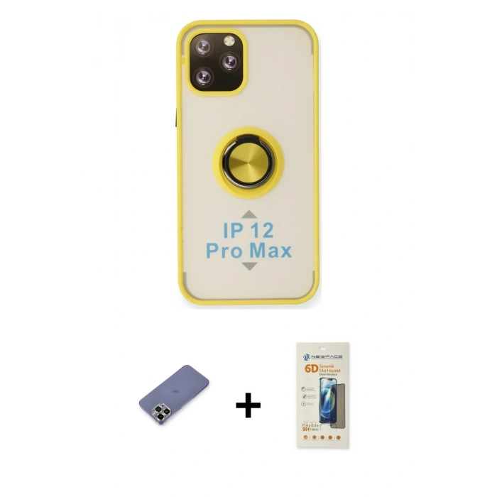 MARSİLYAN™- iPhone 12 Pro Max Kılıf Yörünge Çizgi - Siyah 6D Mat Seramik Hayalet Nano Ekran Koruyucu + Metal Kamera Lens Koruma Cam - GD