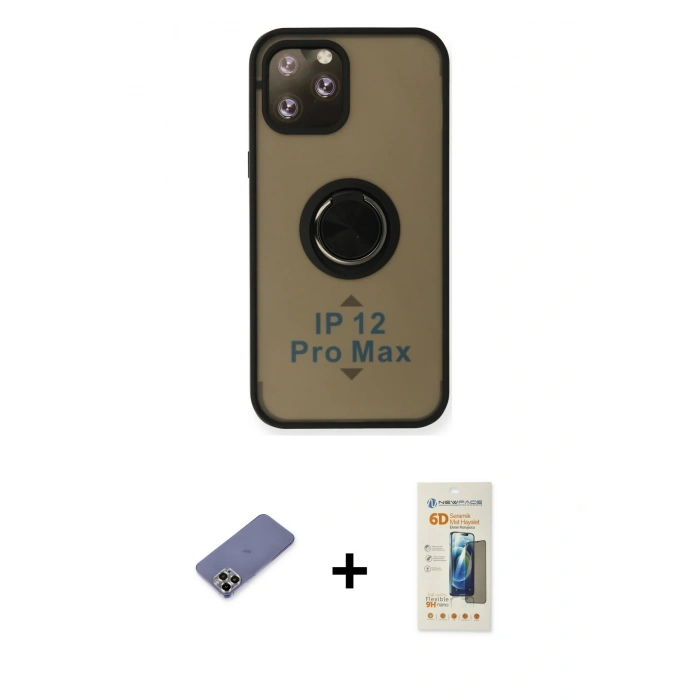 MARSİLYAN™- iPhone 12 Pro Max Kılıf Yörünge Çizgi - Siyah 6D Mat Seramik Hayalet Nano Ekran Koruyucu + Metal Kamera Lens Koruma Cam - GD