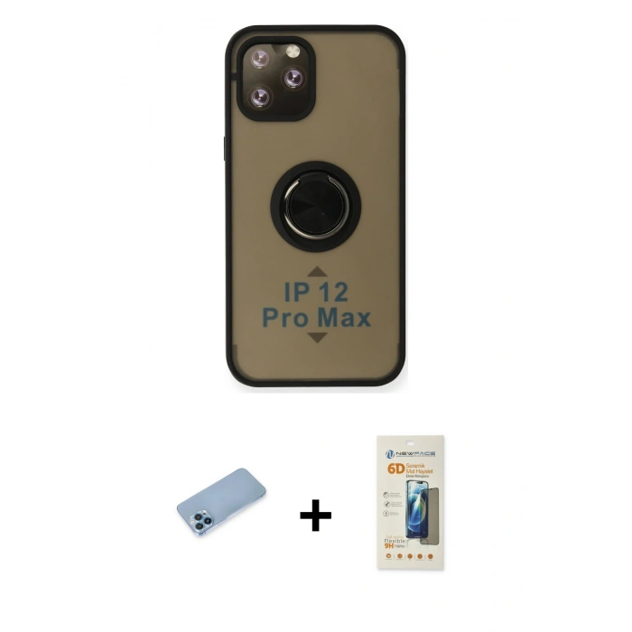 MARSİLYAN™- iPhone 12 Pro Max Kılıf Yörünge Çizgi - Siyah 6D Mat Seramik Hayalet Nano Ekran Koruyucu + Mavi Shine Kamera Lens Koruma Cam
