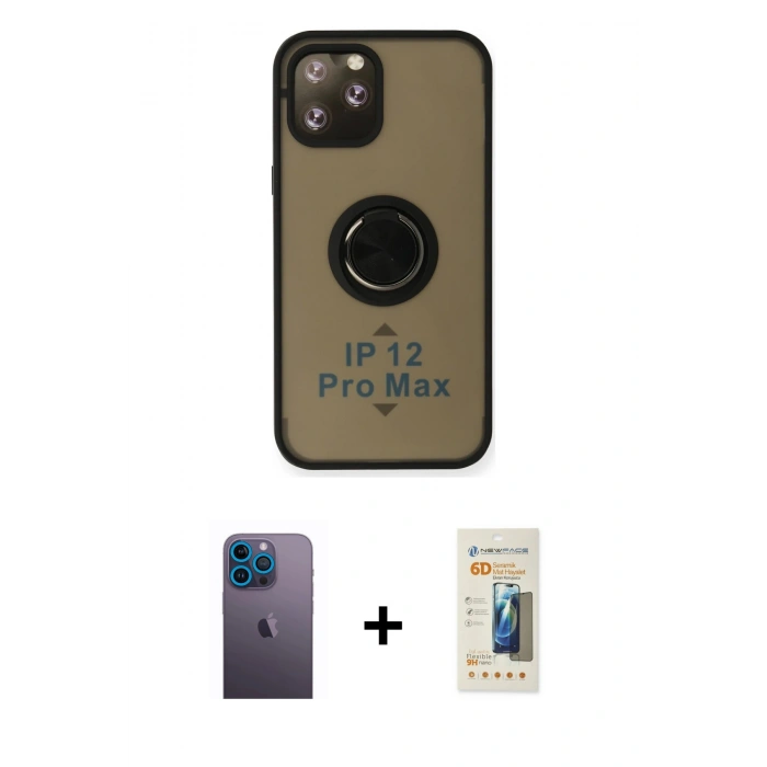 MARSİLYAN™- iPhone 12 Pro Max Kılıf Yörünge Çizgi - Siyah 6D Mat Seramik Hayalet Nano Ekran Koruyucu + Neon Fosforlu Kamera Lens - MI