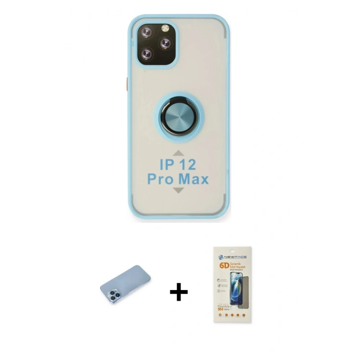 MARSİLYAN™- iPhone 12 Pro Max Kılıf Yörünge Çizgi - Siyah 6D Mat Seramik Hayalet Nano Ekran Koruyucu + Mavi Shine Kamera Lens Koruma Cam