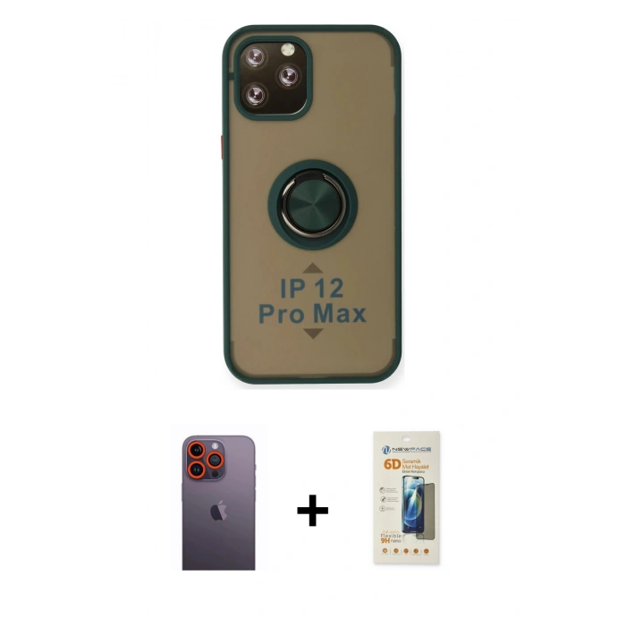 MARSİLYAN™- iPhone 12 Pro Max Kılıf Yörünge Çizgi - Siyah 6D Mat Seramik Hayalet Nano Ekran Koruyucu + Neon Fosforlu Kamera Lens - TU