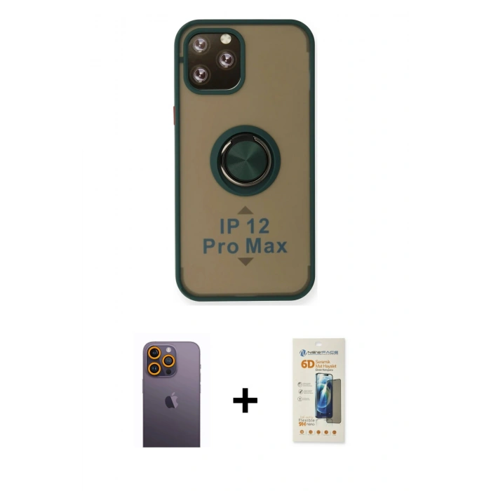 MARSİLYAN™- iPhone 12 Pro Max Kılıf Yörünge Çizgi - Siyah 6D Mat Seramik Hayalet Nano Ekran Koruyucu + Neon Fosforlu Kamera Lens - SI