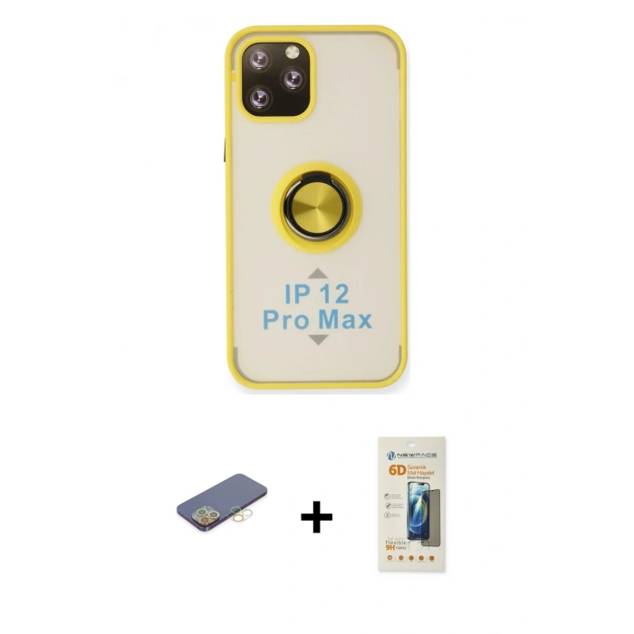 MARSİLYAN™- iPhone 12 Pro Max Kılıf Yörünge Çizgi - Siyah 6D Mat Seramik Hayalet Nano Ekran Koruyucu + Sarı Renkli Kamera Lens Koruma Cam