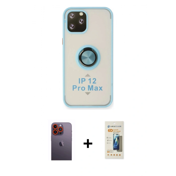 MARSİLYAN™- iPhone 12 Pro Max Kılıf Yörünge Çizgi - Siyah 6D Mat Seramik Hayalet Nano Ekran Koruyucu + Neon Fosforlu Kamera Lens - TU