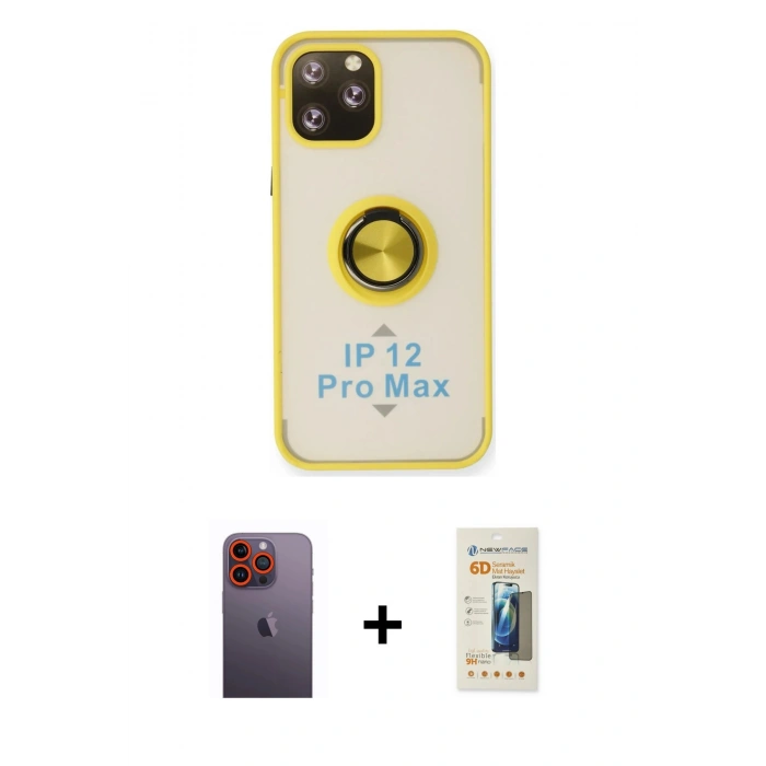 MARSİLYAN™- iPhone 12 Pro Max Kılıf Yörünge Çizgi - Siyah 6D Mat Seramik Hayalet Nano Ekran Koruyucu + Neon Fosforlu Kamera Lens - TU