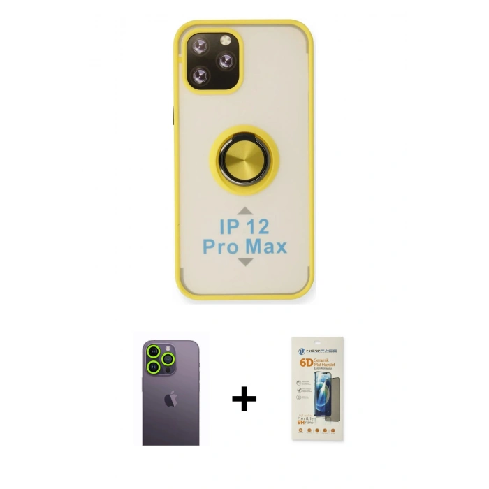 MARSİLYAN™- iPhone 12 Pro Max Kılıf Yörünge Çizgi - Siyah 6D Mat Seramik Hayalet Nano Ekran Koruyucu + Neon Fosforlu Kamera Lens - YL