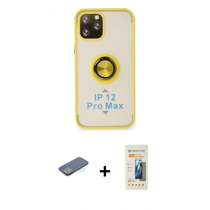 MARSİLYAN™- iPhone 12 Pro Max Kılıf Yörünge Çizgi - Siyah 6D Mat Seramik Hayalet Nano Ekran Koruyucu + Yeşil Renkli Kamera Lens Koruma Cam