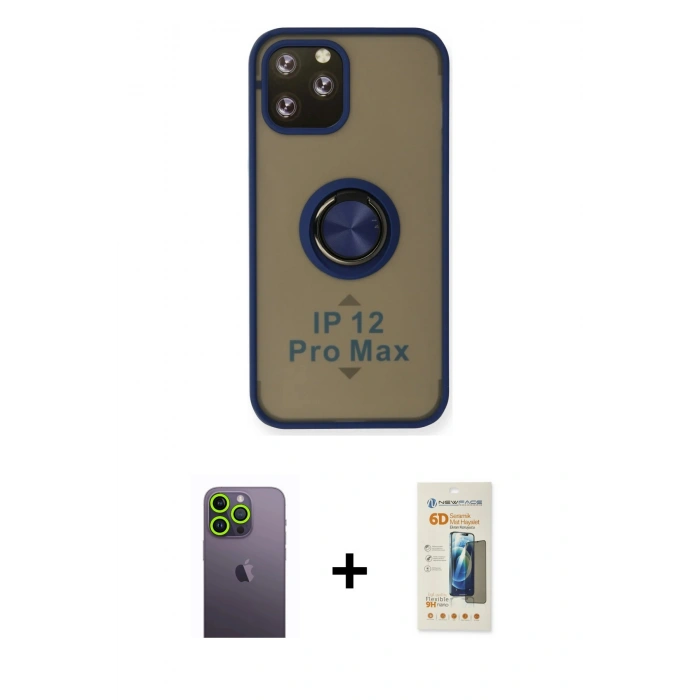 MARSİLYAN™- iPhone 12 Pro Max Kılıf Yörünge Çizgi - Siyah 6D Mat Seramik Hayalet Nano Ekran Koruyucu + Neon Fosforlu Kamera Lens - YL