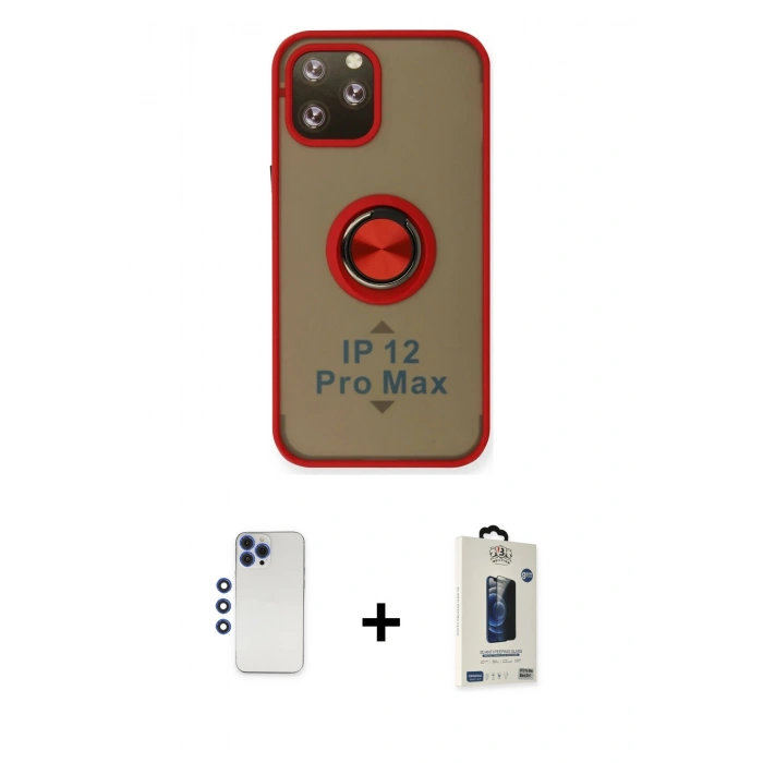 MARSİLYAN™- iPhone 12 Pro Max Kılıf Yörünge Çizgi - Siyah Bilvis Hayalet Cam Ekran Koruyucu + Shine Kamera Lens - LT