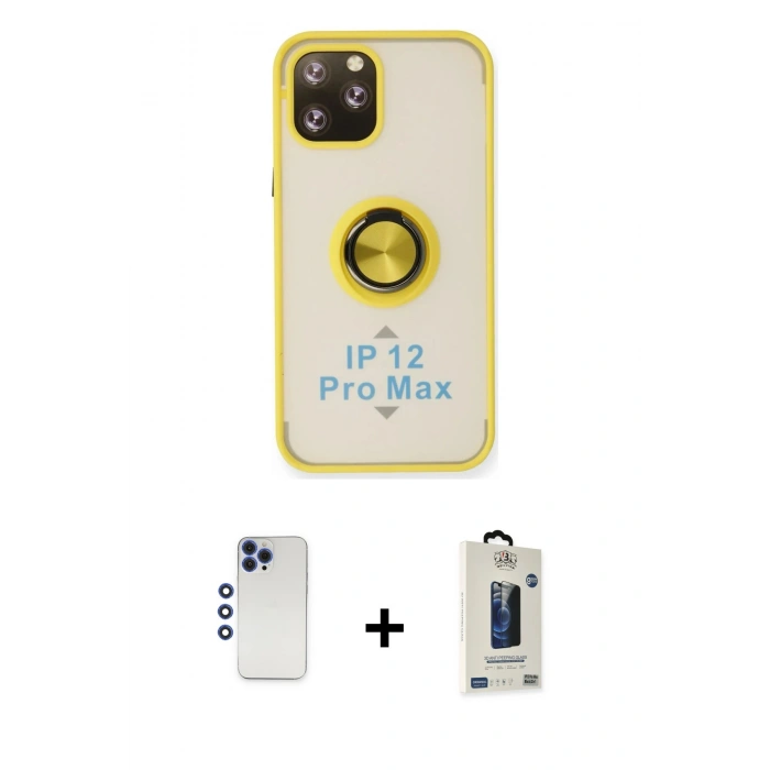 MARSİLYAN™- iPhone 12 Pro Max Kılıf Yörünge Çizgi - Siyah Bilvis Hayalet Cam Ekran Koruyucu + Shine Kamera Lens - LT