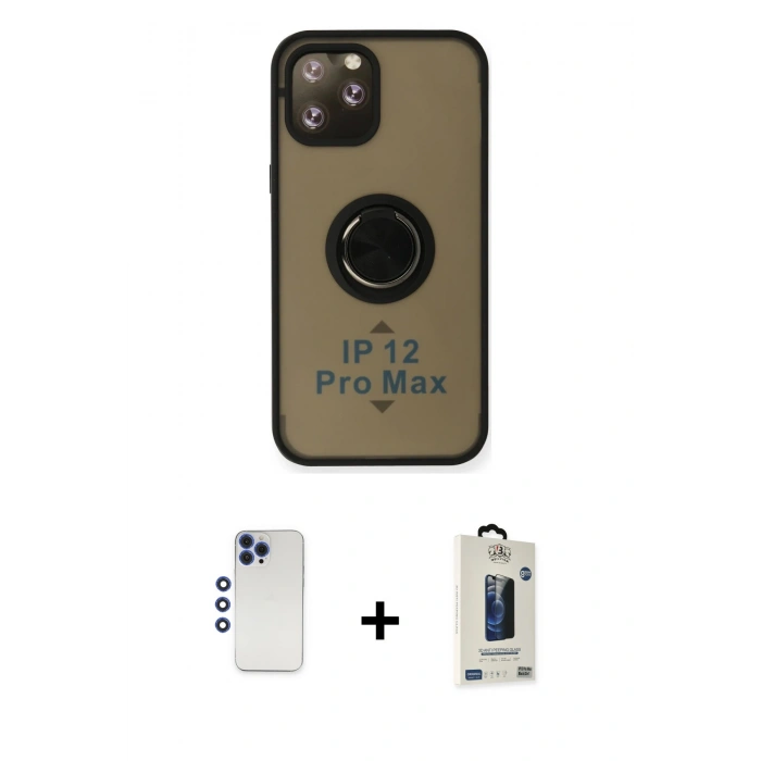 MARSİLYAN™- iPhone 12 Pro Max Kılıf Yörünge Çizgi - Siyah Bilvis Hayalet Cam Ekran Koruyucu + Shine Kamera Lens - LT