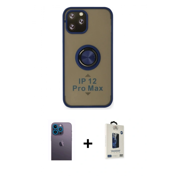 MARSİLYAN™- iPhone 12 Pro Max Kılıf Yörünge Çizgi - Siyah Bilvis Hayalet Cam Ekran Koruyucu + Neon Fosforlu Kamera Lens - MI