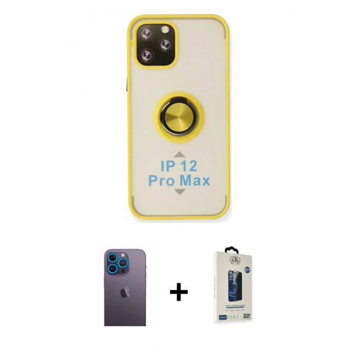 MARSİLYAN™- iPhone 12 Pro Max Kılıf Yörünge Çizgi - Siyah Bilvis Hayalet Cam Ekran Koruyucu + Neon Fosforlu Kamera Lens - MI